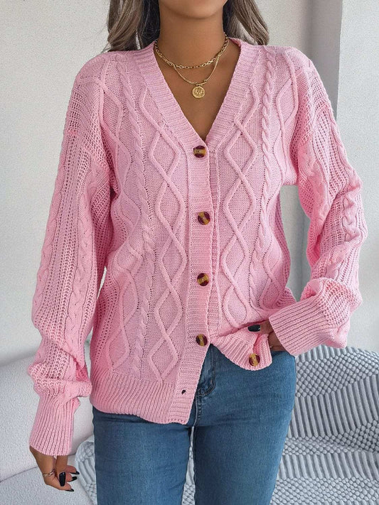 Cable-Knit Long Sleeve Cardigan - Trendsi - Flyclothing LLC