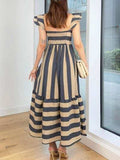 Smocked Striped Square Neck Cap Sleeve Dress - Trendsi - Flyclothing LLC