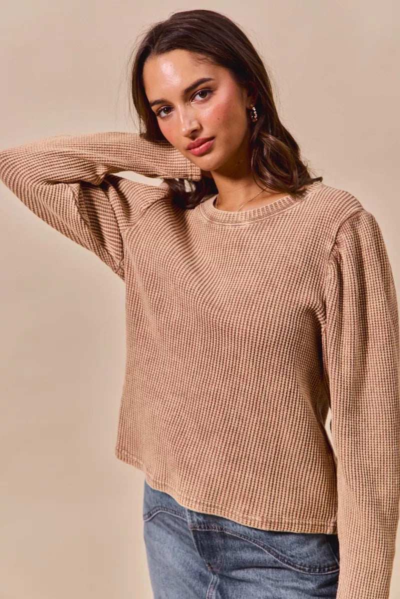 SO ME Mineral Washed Waffle Top With Puff Sleeves - Trendsi - Flyclothing LLC