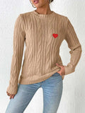 Cable-Knit Heart Round Neck Long Sleeve Sweater - Trendsi - Flyclothing LLC
