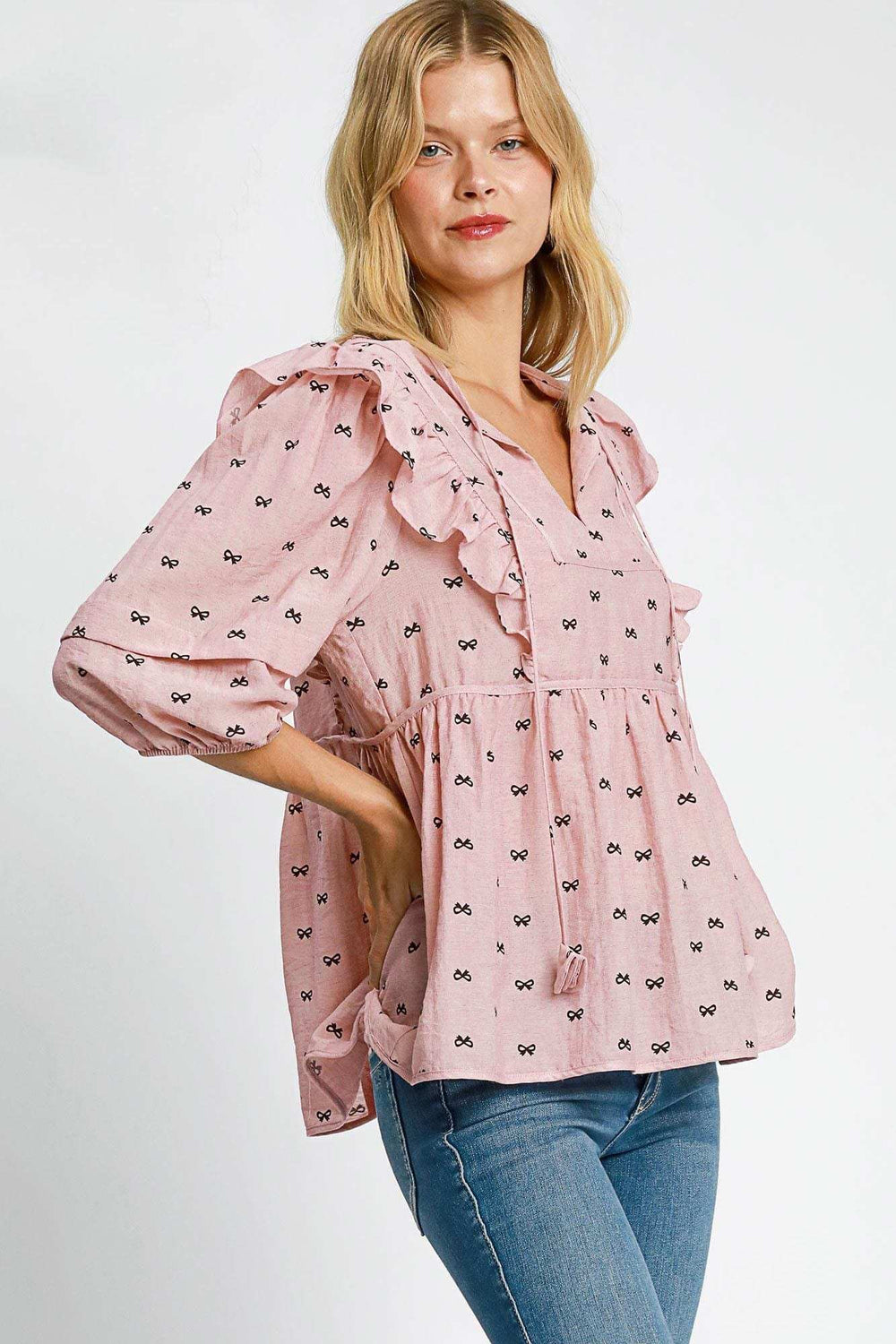 Umgee Full Size Ruffled Bow Print Tie Neck Peplum Blouse Plus Size - Trendsi - Flyclothing LLC