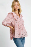 Umgee Full Size Ruffled Bow Print Tie Neck Peplum Blouse Plus Size - Trendsi - Flyclothing LLC