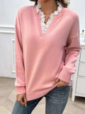 Lace Detail Notched Long Sleeve Sweater - Trendsi - Flyclothing LLC