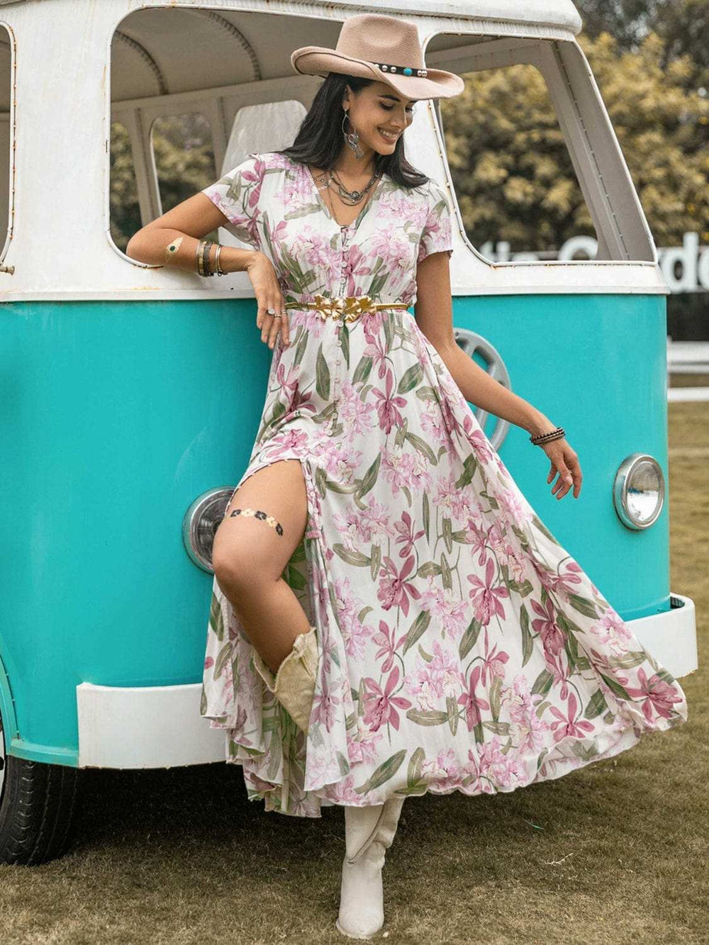 Floral V-Neck Slit Dress - Trendsi - Flyclothing LLC