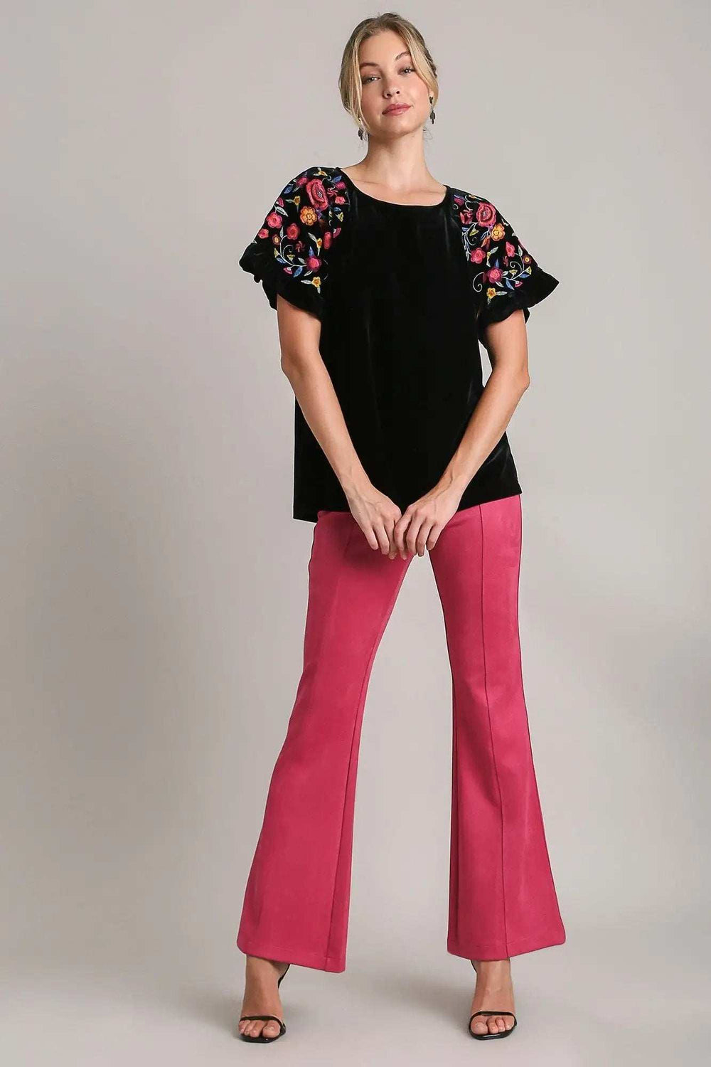 Umgee Full Size Velvet Embroidery Short Sleeve Blouse - Trendsi - Flyclothing LLC
