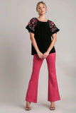 Umgee Full Size Velvet Embroidery Short Sleeve Blouse - Trendsi - Flyclothing LLC