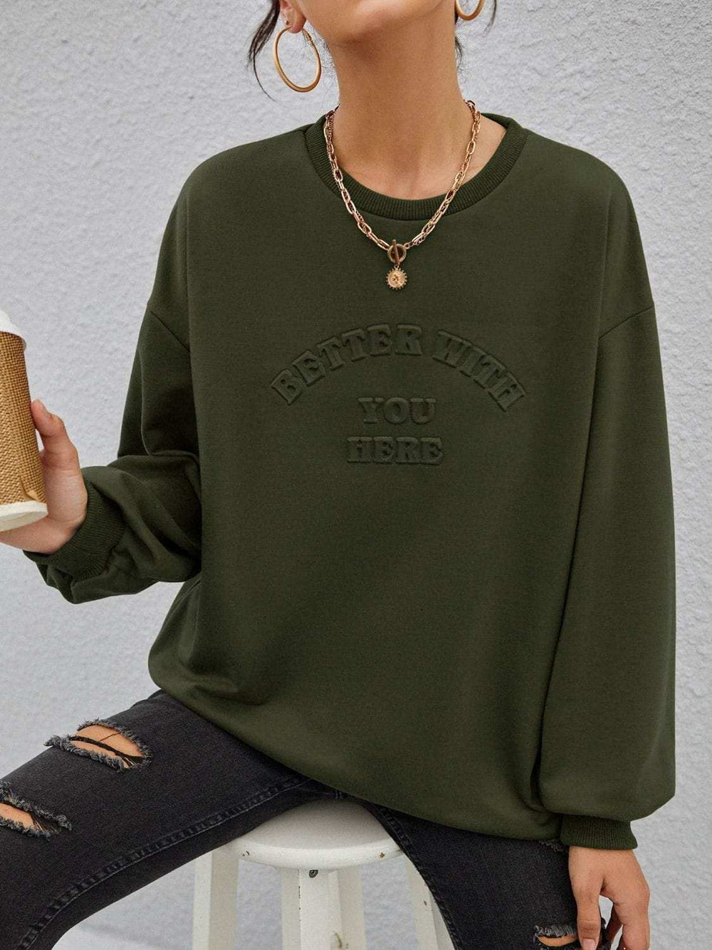 Stereoscopic Letter Round Neck Long Sleeve Sweatshirt - Trendsi - Flyclothing LLC