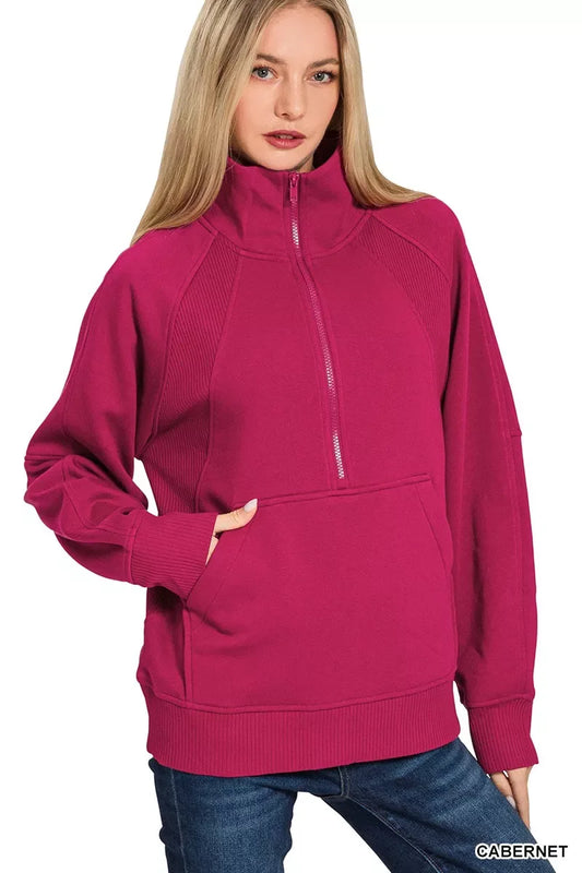 Zenana Half Zip Fleece Sweatshirt with kangaroo Pocket - Trendsi - Flyclothing LLC