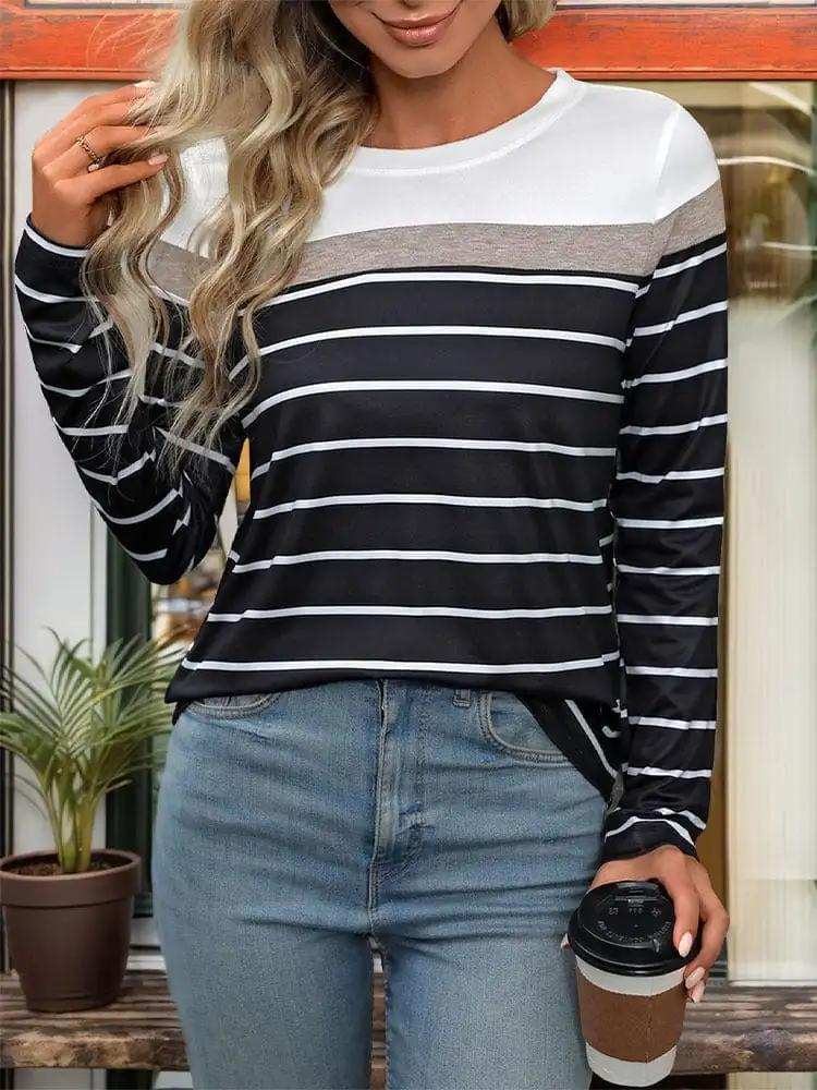 Striped Round Neck Long Sleeve T-Shirt - Trendsi - Flyclothing LLC