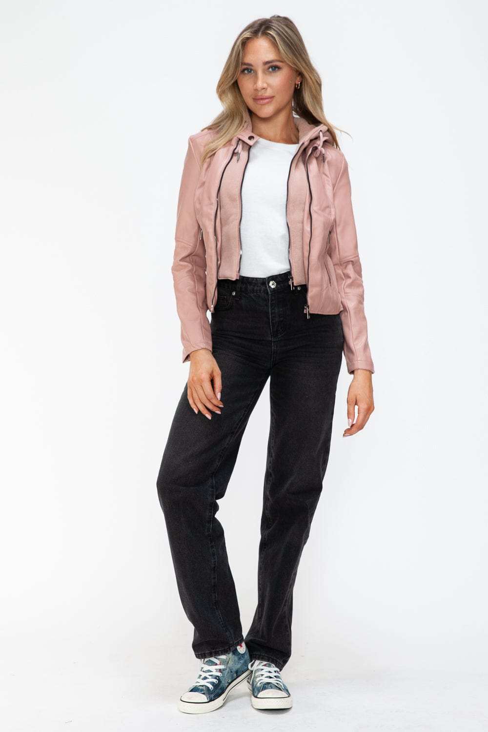 Snobbish Faux Leather Zip Up Drawstring Hooded Jacket - Trendsi - Flyclothing LLC