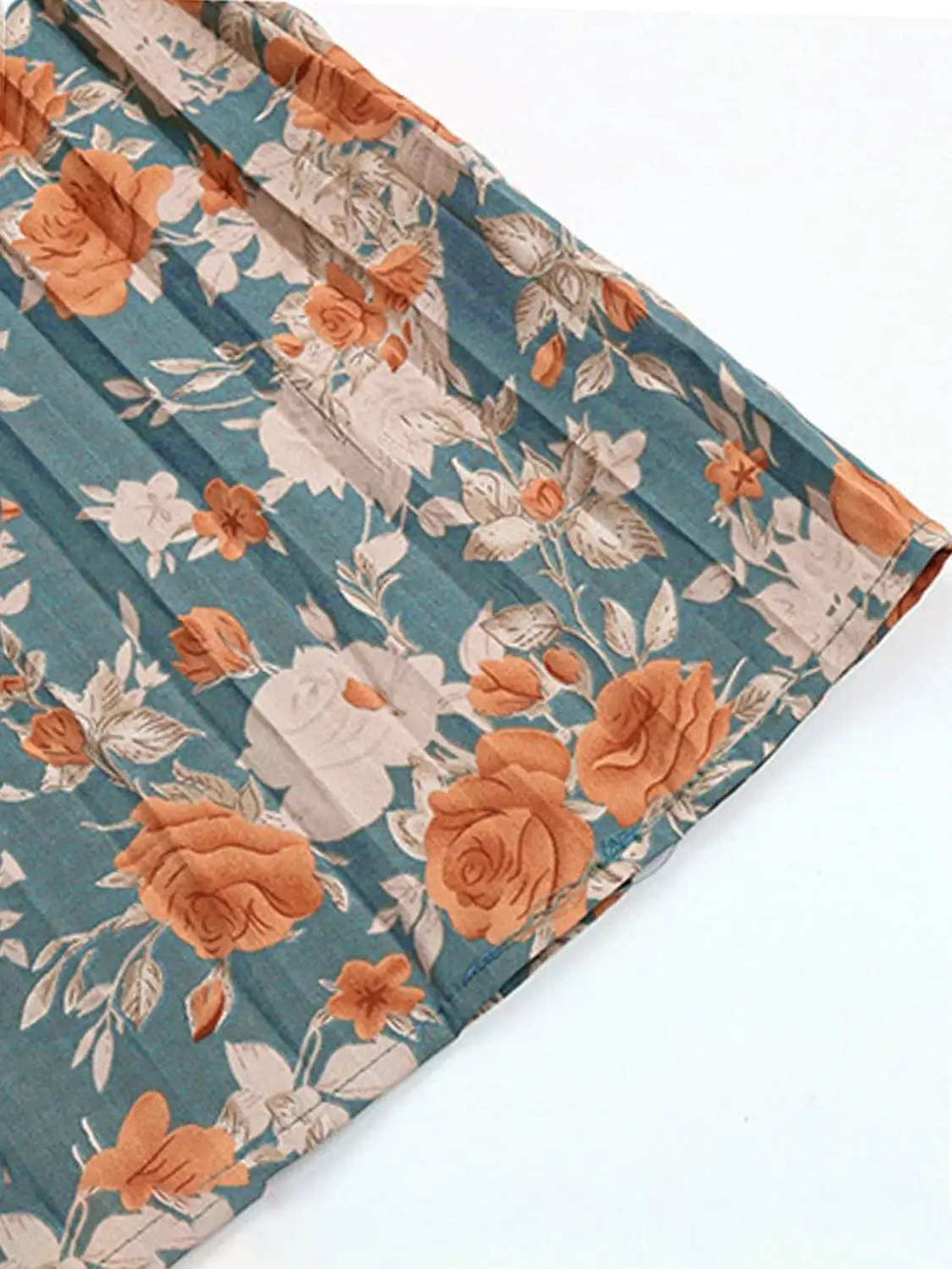 Perfee Tied Pleated Printed Mock Neck Long Sleeve Dress - Trendsi - Flyclothing LLC