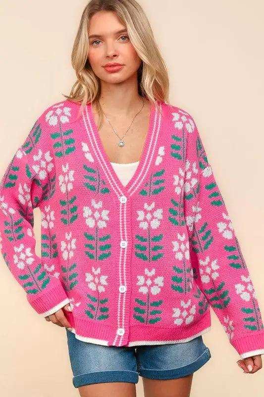 Haptics Full Size Floral Jacquard V-Neck Button Up Cardigan - Trendsi - Flyclothing LLC