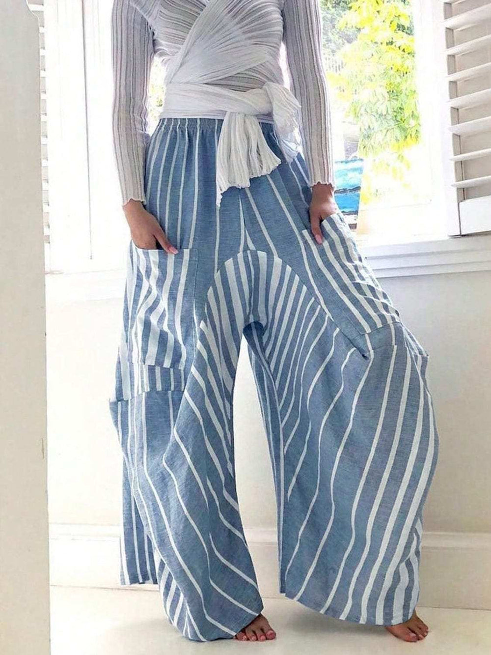 Striped Elastic Waist Wide Leg Pants - Trendsi - Flyclothing LLC