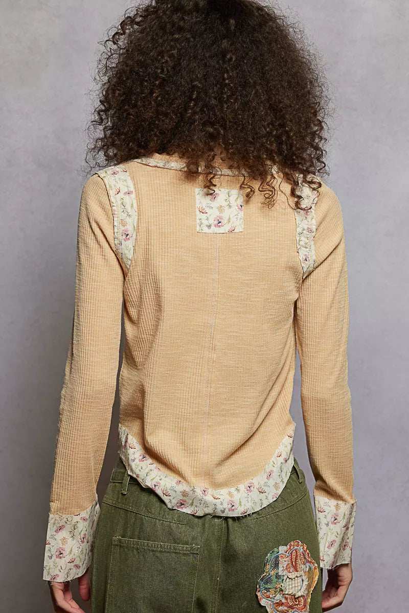 POL Floral Patch V-Neck Long Sleeve Ribbed Top - Trendsi - Flyclothing LLC