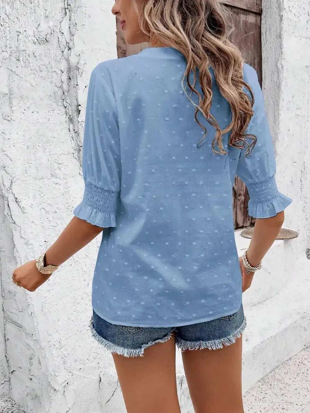 Eyelet Notched Flounce Sleeve Blouse - Trendsi - Flyclothing LLC