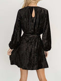 Velvet Round Neck Tie Waist Long Sleeve Mini Dress - Trendsi - Flyclothing LLC