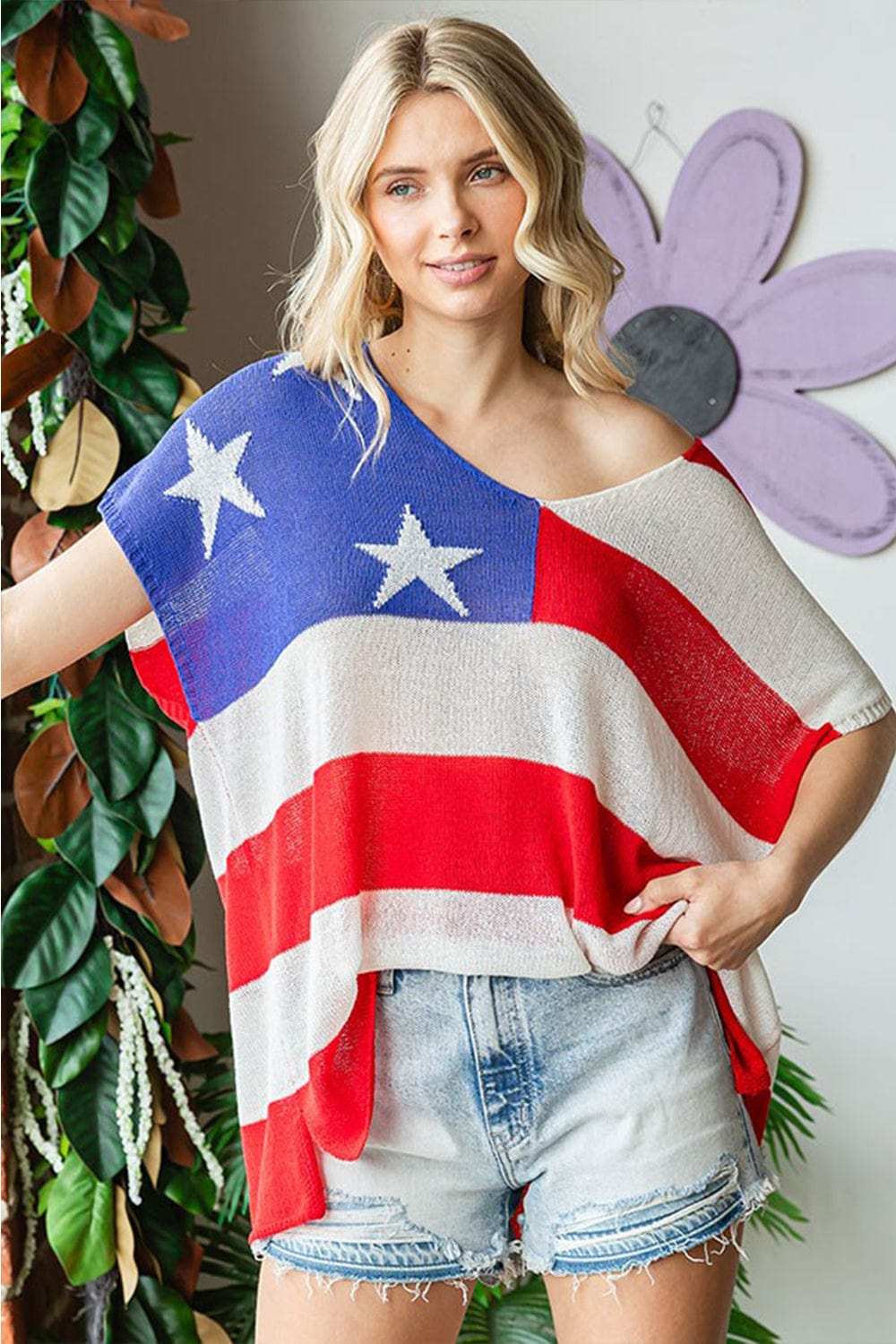 First Love Full Size USA Flag Drop Shoulder Knit Top - Trendsi - Flyclothing LLC