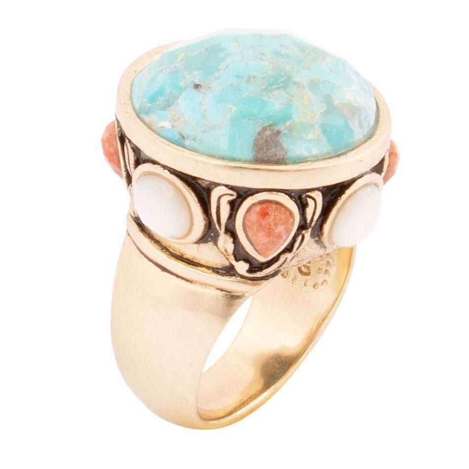 Champs Blue Turquoise and Coral Golden Statement Ring - Barse Jewelry - Flyclothing LLC