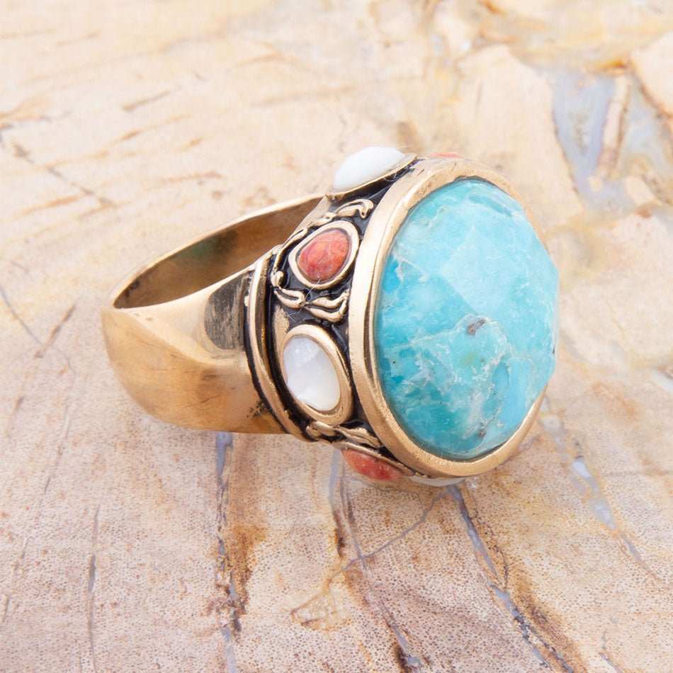 Champs Blue Turquoise and Coral Golden Statement Ring - Barse Jewelry - Flyclothing LLC