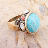 Champs Blue Turquoise and Coral Golden Statement Ring - Barse Jewelry - Flyclothing LLC