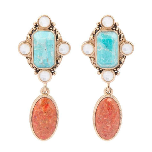 Champs Blue Turquoise and Orange Coral Post Drop Golden Earrings - Barse Jewelry - Flyclothing LLC