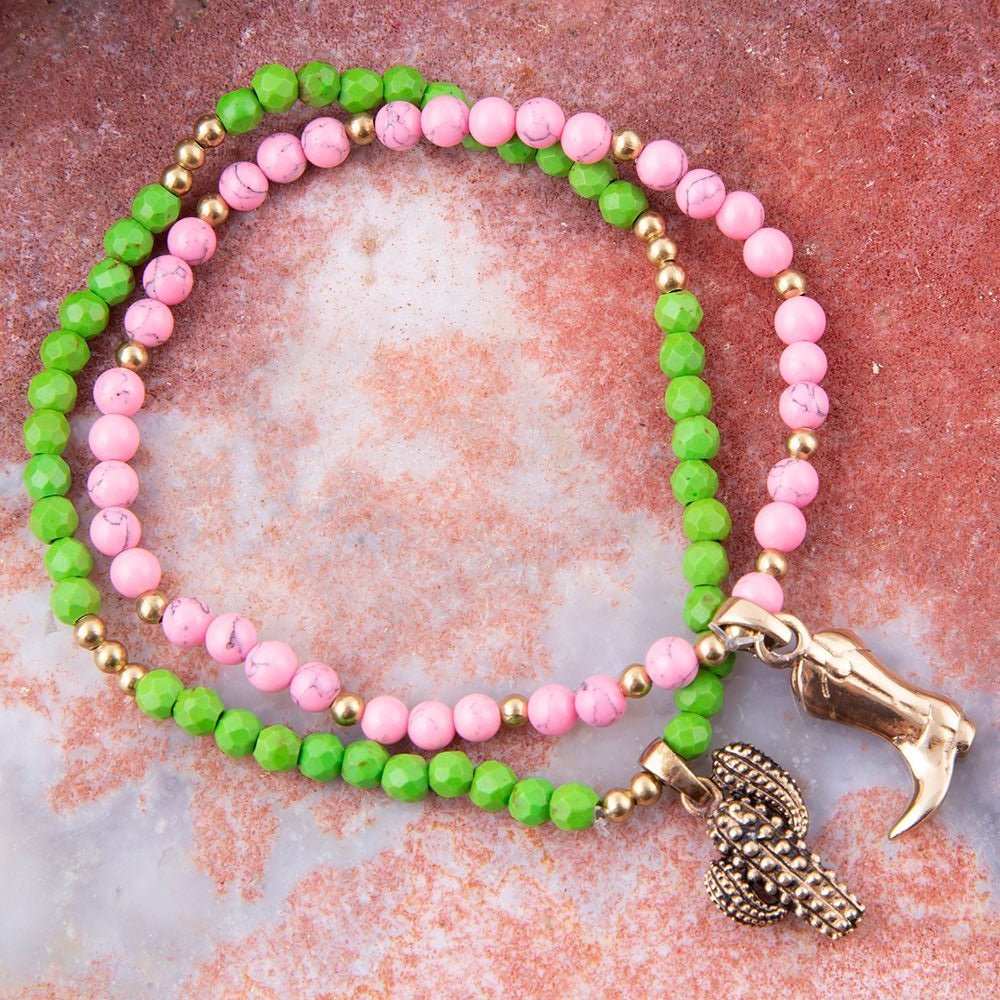 Charmed Cactus and Boot Pink Green Jade Bracelet Set - Barse Jewelry - Flyclothing LLC
