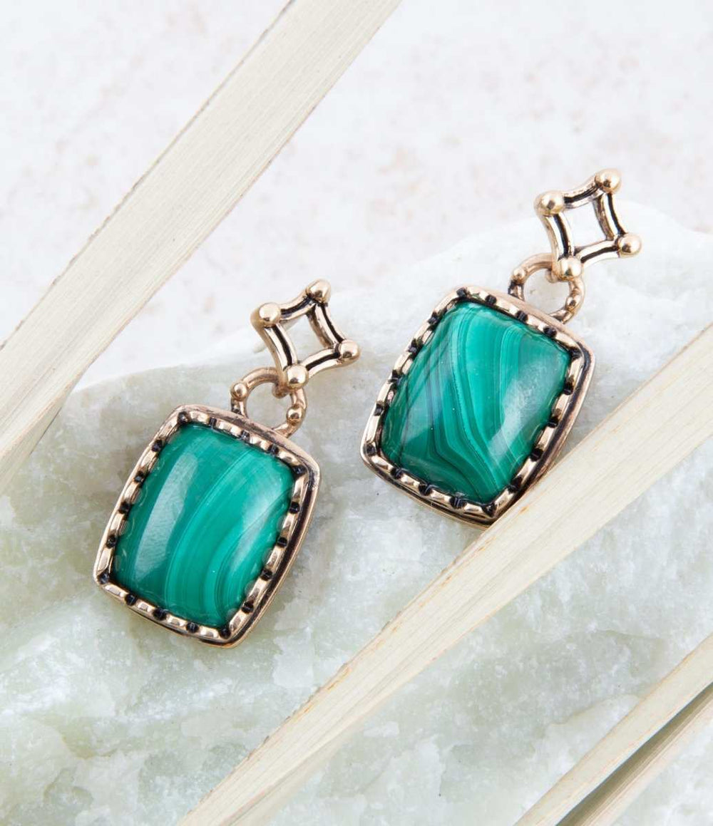 Cognate Green Malachite Post Drop Golden Earrings - Barse Jewelry - Flyclothing LLC