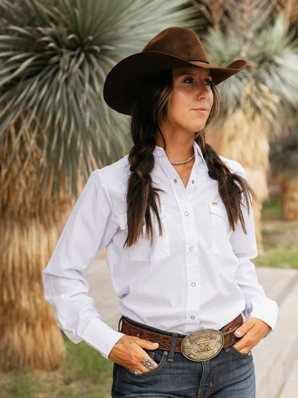 Women's Cowboygirl White Solid Tonal Dobby Granddaddy Snap Shirt - Ely Cattleman - Flyclothing LLC