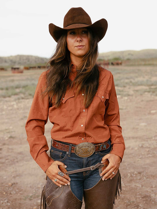 Women's Cowboygirl Rust Solid Tonal Dobby Granddaddy Snap Shirt - Ely Cattleman - Flyclothing LLC