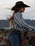 Women's Cowboygirl Ecru & Cowboy Blue Stripe Granddaddy Snap Shirt - Ely Cattleman - Flyclothing LLC