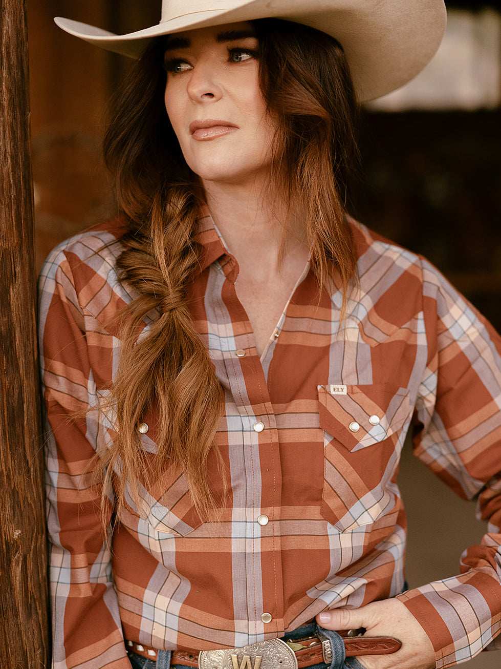 Women's Cowboygirl Ranch Rig Rust Plaid Granddaddy Snap Shirt - Ely Cattleman - Flyclothing LLC