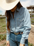 Women's Cowboygirl Light Wash Denim Shirt with Embroidery - Ely Cattleman - Flyclothing LLC