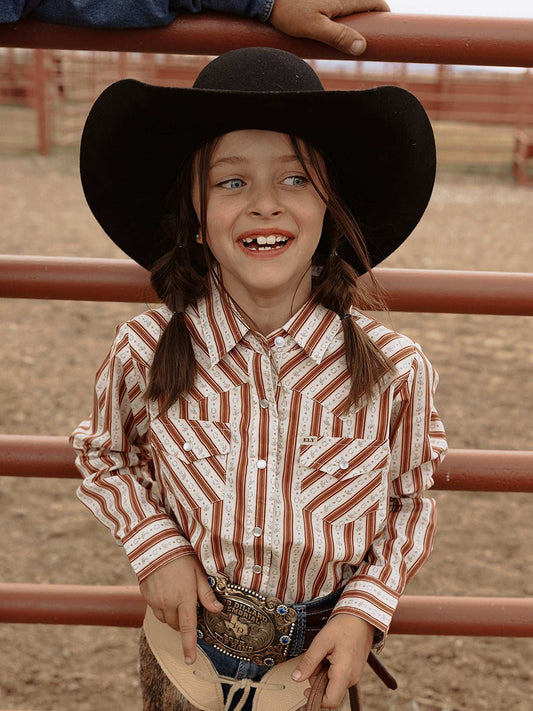 Girl's Cowboygirl Rust Horseshoe Stripe Print Granddaddy Western Snap Shirt - Ely Cattleman - Flyclothing LLC