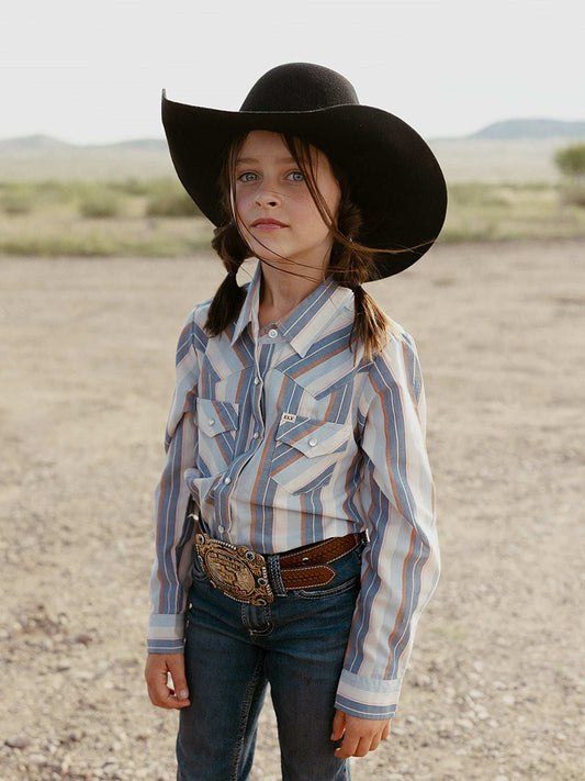 Girl's Cowboygirl Ecru & Cowboy Blue Stripe Granddaddy Western Snap Shirt - Ely Cattleman - Flyclothing LLC
