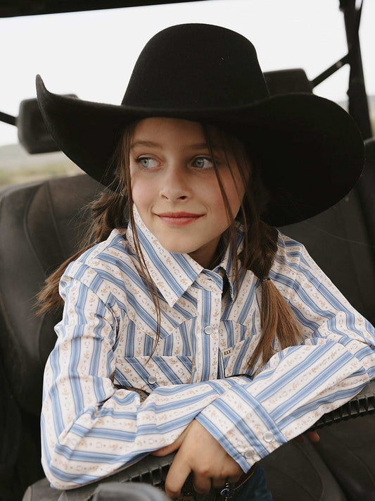 Girl's Cowboygirl Blue Horseshoe Stripe Print Granddaddy Western Snap Shirt - Ely Cattleman - Flyclothing LLC