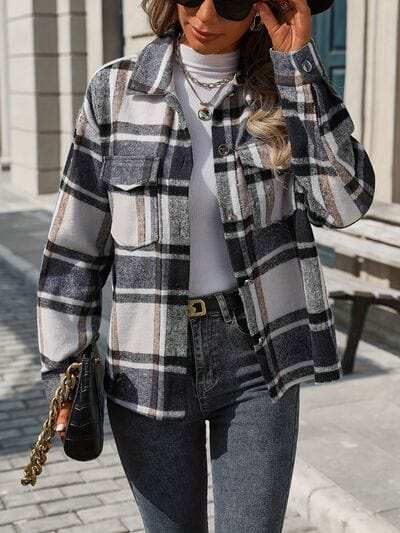 Plaid Button Up Drop Shoulder Jacket - Trendsi - Flyclothing LLC