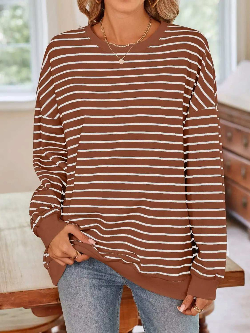 Striped Round Neck Long Sleeve Sweatshirt - Trendsi - Flyclothing LLC