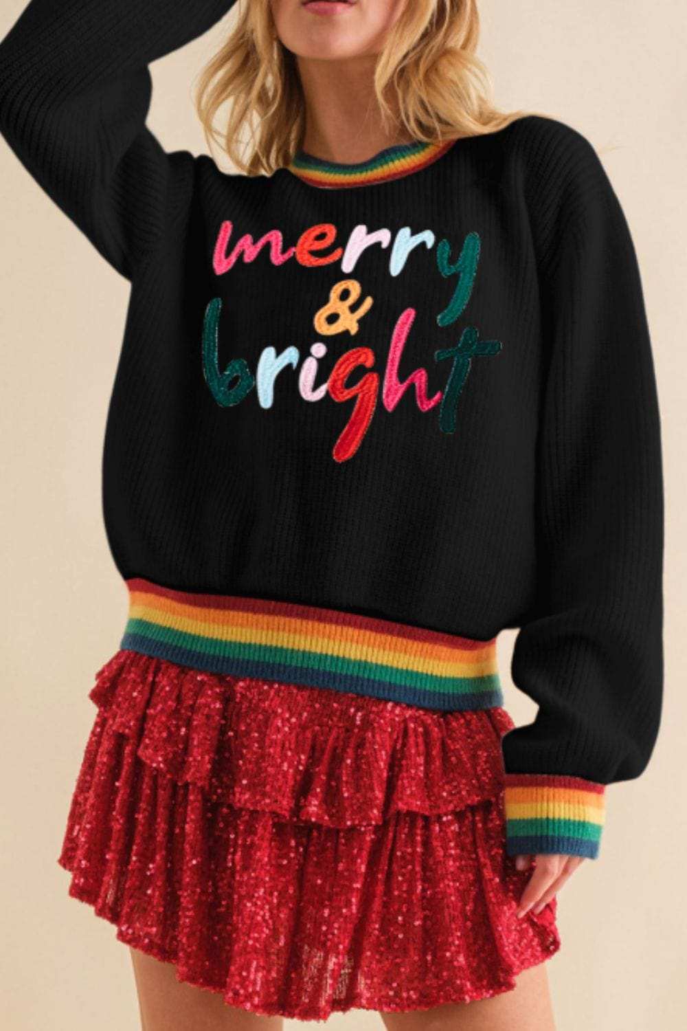 MERRY & BRIGHT Ribbed Round Neck Sweater - Trendsi - Flyclothing LLC