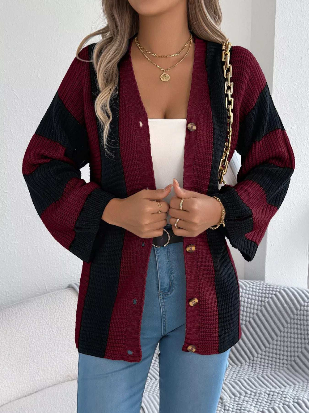 Color Block Button-Up Cardigan - Trendsi - Flyclothing LLC