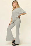 Double Take Full Size Round Neck Drop Shoulder T-Shirt and Flare Pants Set - Trendsi - Flyclothing LLC