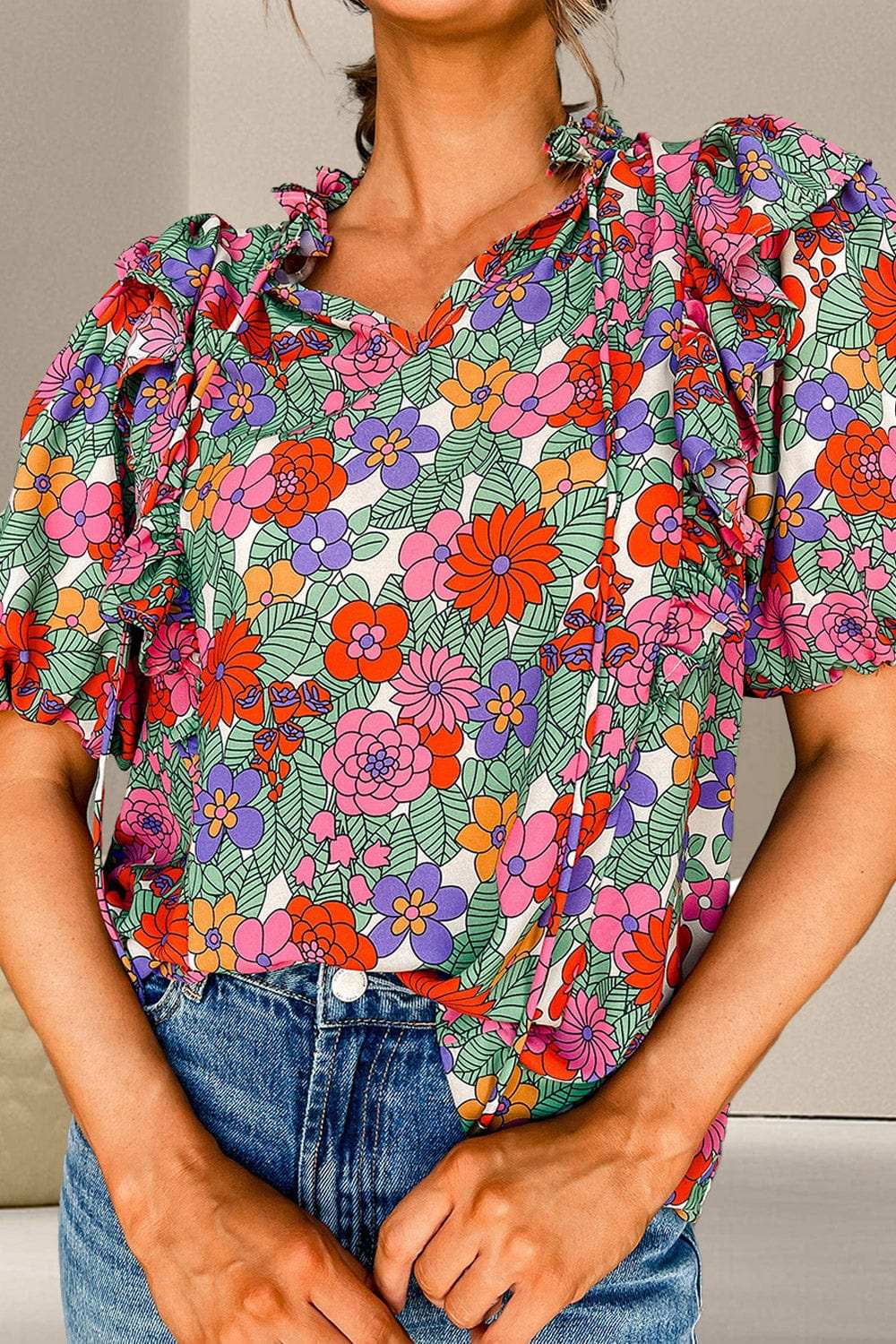 Ruffled Printed Tie Neck Short Sleeve Blouse - Trendsi - Flyclothing LLC