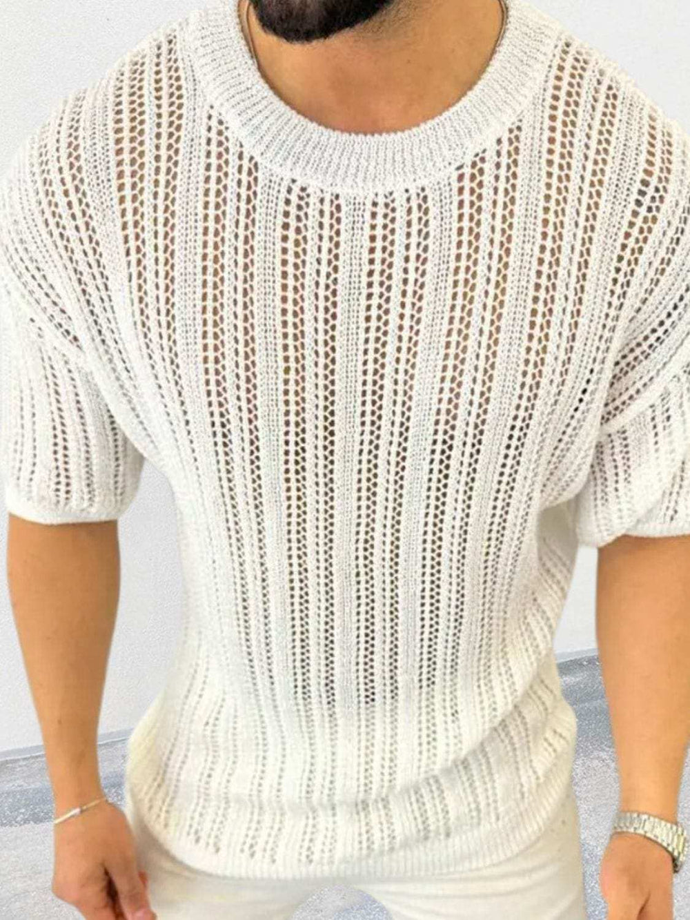Men's Openwork Round Neck Knit T-Shirt - Trendsi - Flyclothing LLC