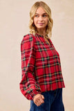 BiBi Christmas Plaid Balloon Sleeves Ruffled V-Neck Top - Trendsi - Flyclothing LLC