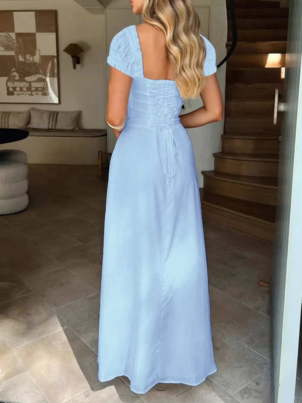 Devine Sweetheart Neck Short Sleeve Maxi Dress - Trendsi - Flyclothing LLC