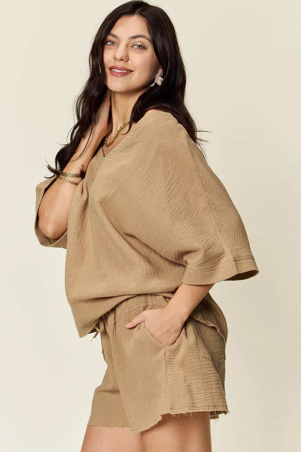 Double Take Texture Half Sleeve T-Shirt and Drawstring Shorts Set - Trendsi - Flyclothing LLC