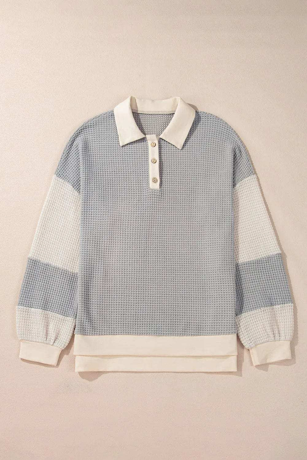 Color Block Collared Neck Long Sleeve Top - Trendsi - Flyclothing LLC