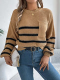 Striped Round Neck Long Sleeve Sweater - Trendsi - Flyclothing LLC