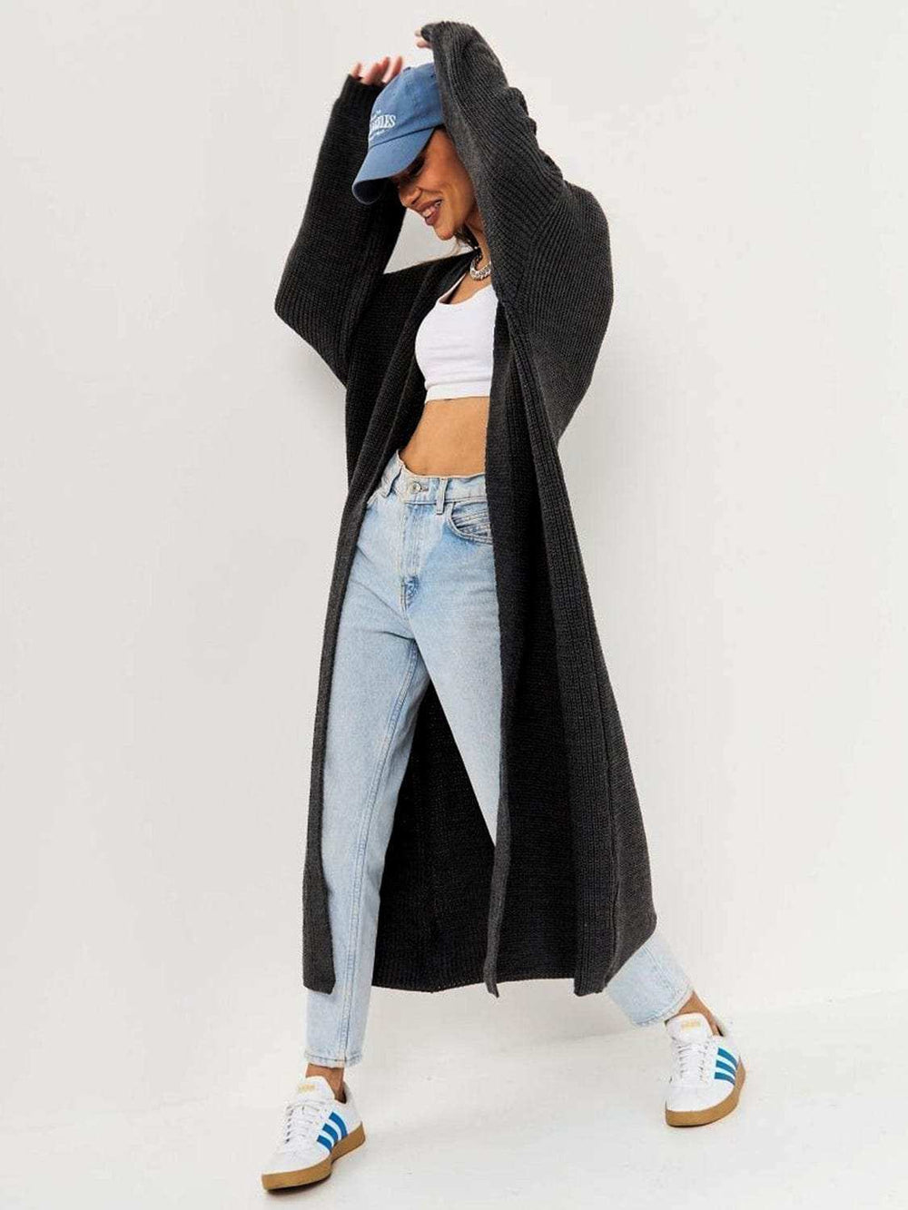 Open Front Long Sleeve Longline Cardigan - Trendsi - Flyclothing LLC