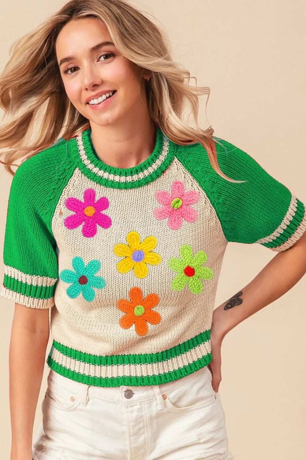 BiBi Crochet Flower Patches Striped Rib Band Sweater - Trendsi - Flyclothing LLC
