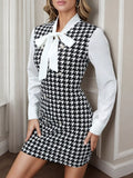 Houndstooth Print Tie Neck Long Sleeve Mini Dress - Trendsi - Flyclothing LLC